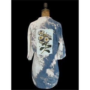 Upcycled Chambray Dress| Hand Distressed| Vintage Botanical Patch| Large| Boho